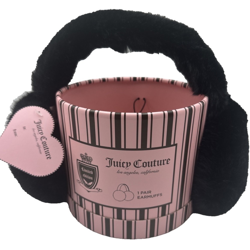 Juicy Couture Black Faux Fur Earmuffs Pink Striped Gift Box Y2K Winter NWT‎